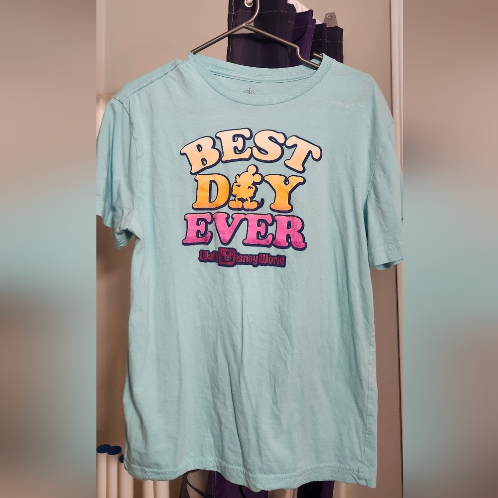 Disney Light Blue Tee with Pink and Yellow 'Best Day Ever' Graphic